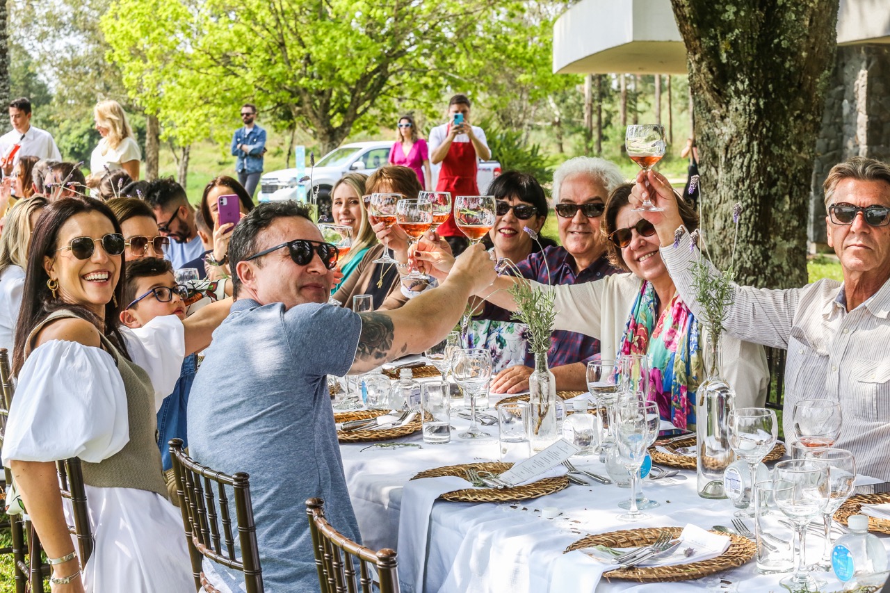 Brinde de taças erguidas em almoço ao ar livre